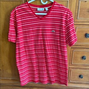 Men’s Lacoste Red and White Striped V-Neck Tee 6/XL